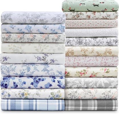 Laura Ashley - Flannel Sheets Twin Size, Anti-Pilling & Wrinkle Resistant Cotton, Touchably Soft for All-Season Comfort - Bed Sheets with Matching Pillowcase & Fitted Sheet (Vanessa Grey)