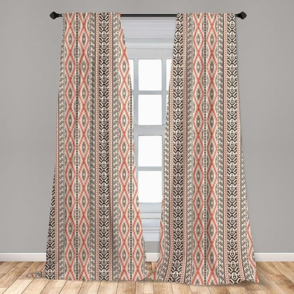Ambesonne Southwestern Window Curtains Pack of 2, Traditional Vertical Borders Inspired by Prehistoric Art Ikat Style, Lightweight Set with Rod Pocket, 4 Panels of - 28" x 63", Brown Coral