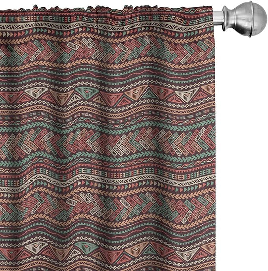 Ambesonne Boho Window Curtains, Hand Drawn Inspired Print of Triangles Colorful Latin American Folklore Motifs, Lightweight Decor 2-Panel Set with Rod Pocket, Pair of - 28" x 63", Maroon Coral