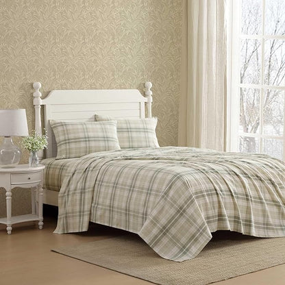 Laura Ashley - Flannel Sheets Queen Size, Anti-Pilling & Wrinkle Resistant Cotton, Touchably Soft for All-Season Comfort - Bed Sheets with Matching Pillowcases & Fitted Sheet (Mulholland Plaid Green)