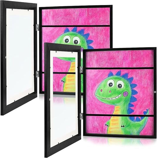 Zenacolor Kids Artwork Frames Changeable - Front-Opening to Display & Store 100 pcs - Set of 2 Kids Art Frame Includes Wall Hooks & Stand - 10x12.5cm - Black
