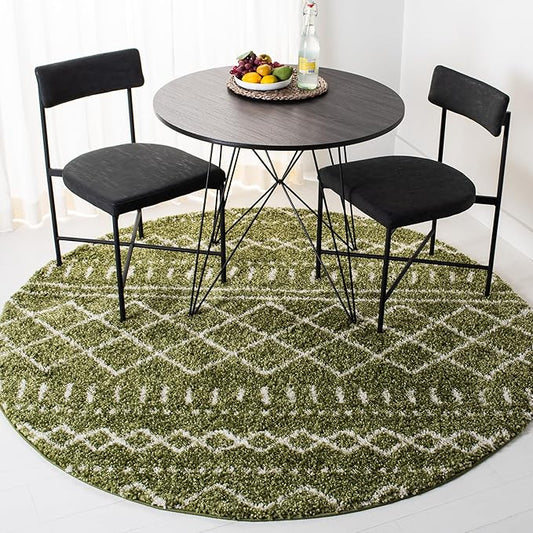 SAFAVIEH Arizona Shag Collection Area Rug - 3'2" Round, Green & Ivory, Moroccan Design, Non-Shedding & Easy Care, 1.6-inch Thick, Ideal for The Living Room, Dining, Bedroom (ASG741X)