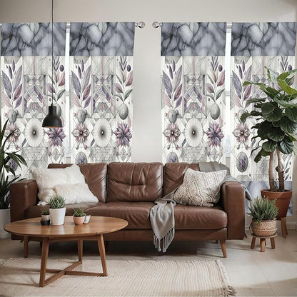 Ambesonne Geometric Floral Window Curtains Pack of 2, Classic Marble Print Ornate Leafy Flowers and Futurist Stripes, Lightweight Set with Rod Pocket, 4 Panels of - 28" x 84", Ceil Blue Laurel Green