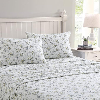 Laura Ashley - Flannel Sheets Twin Size, Anti-Pilling & Wrinkle Resistant Cotton, Touchably Soft for All-Season Comfort - Bed Sheets with Matching Pillowcase & Fitted Sheet (Le Fleur Cottage Blue)