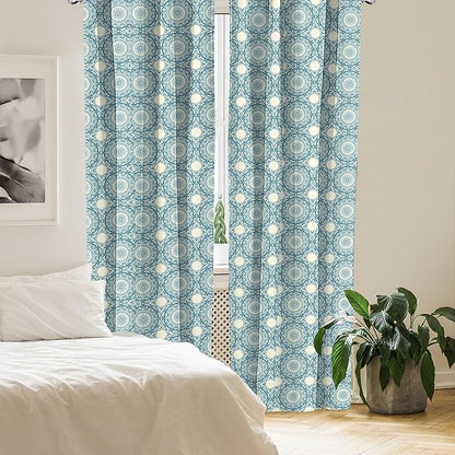 Ambesonne Circle Pattern Window Curtains, Wavy Bold Strokes Style Ornate Mandala Like Symmetrical Motif, Lightweight Decor 2-Panel Set with Rod Pocket, Pair of - 28" x 95", Petrol Blue Cream