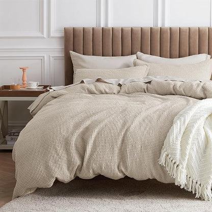 Bedsure Cotton Duvet Cover Queen Size - 100% Cotton Waffle Weave Beige Duvet Cover Queen Size, GentleSoft™ and Breathable Bedding Set for All Season, 3 Pieces, 90"x90"