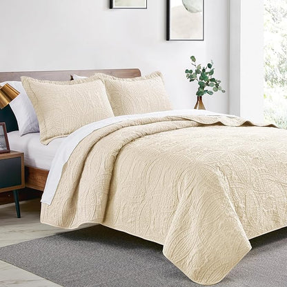 Love's cabin Quilts for Full Bed Beige Bedspread Comforters Bedding Set - Summer Lightweight Bedspread Comforter - Coin Pattern Bedding Coverlet for All Season - 3 Pieces (1 Quilt, 2 Pillow Shams)