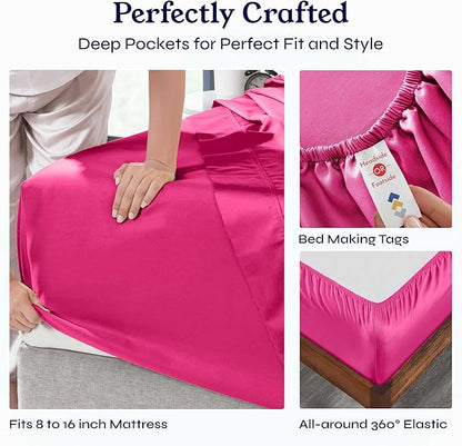 California Design Den Queen Bed Sheets Set - 400 Thread Count Sateen, Natural 100% Cotton Queen Size Sheet Set, Deep Pockets with All Around Elastic, Soft, Cool and Durable Bedding - Hot Pink