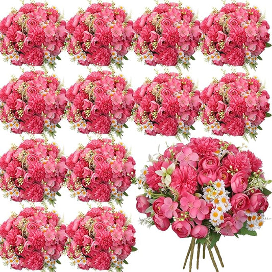 Tigeen 12 Bundles Peonies Artificial Flowers Faux Roses Silk Flowers Hydrangea Artificial Bouquet for Wedding Table Centerpiece Floral Vase Home Office Bridal Decor (Rose Pink)