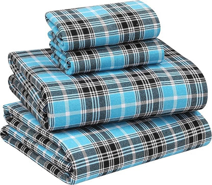 RUVANTI Flannel Sheets Full Size - 100% Cotton Double Brushed Bed Sheets Set, Deep Pockets 16 Inches, All Seasons Breathable & Extra Soft Full Sheets, Warm & Cozy, 4 Piece, Teal Plaid