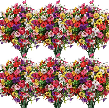 SHareconn 36 Bundles Artificial Flowers for Outdoors, Faux Plants Fake Silk Colorful Daisy Eucalyptus Lavender, UV Resistant for Outside Home Porch Patio Spring Decor, RedRosyPurpleYellowPinkWhite