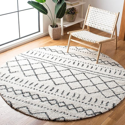 SAFAVIEH Arizona Shag Collection Area Rug - 5'1" Round, Ivory & Black, Moroccan Design, Non-Shedding, 1.6-inch Thick, Ideal for High Traffic Areas in Living Room, Bedroom (ASG741Z-5R)
