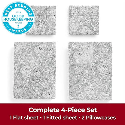 Mellanni King Sheets Set - 4 PC Iconic Collection Bedding - Hotel Luxury, Extra Soft, Cooling Bed Sheets - Wrinkle, Fade, Stain Resistant (King, Paisley Gray)
