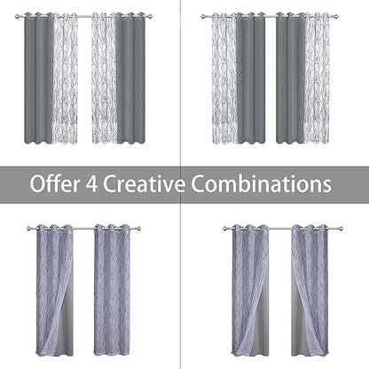 BONZER Mix and Match Curtains - 2 Pieces Branch Print Sheer Curtains and 2 Pieces Blackout Curtains for Bedroom Living Room Grommet Window Drapes, 37x95 Inch/Panel, Light Grey, Set of 4 Panels