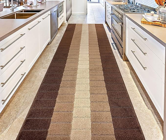 Custom Size Modern Geometric Pattern Carpet Runner Rug for Hallways, Slip Resistant Latex Rubber Backed, 31 inch Wide X Customized Length, Squares Brown, 31 inch X 24 feet