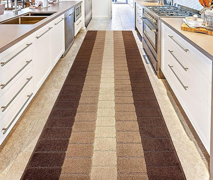 Custom Size Modern Geometric Pattern Carpet Runner Rug for Hallways, Slip Resistant Latex Rubber Backed, 31 inch Wide X Customized Length, Squares Brown, 31 inch X 24 feet