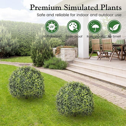 Lewondr Artificial Boxwood Topiary Ball Trees, 22.83'' Fake Plants Outdoor with Ground Spike, Set of 2 UV and Fade Resistant Faux Greenery Shrubs for Outdoor Indoor Front Porch Garden, Green