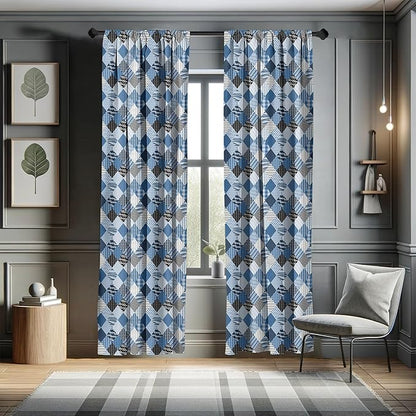 Ambesonne Geometric Window Curtains, Geometrical Diamond Shaped Lines with Various Nostalgic Fashioned Old Pattern, Decorative Panels Set of 2 with Rod Pocket, Pair of - 28" x 84", Black Blue