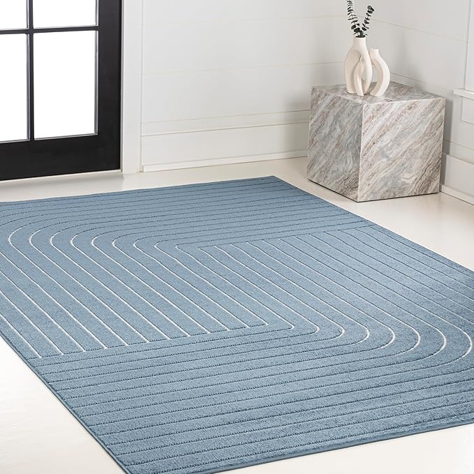 Eyely NCS101D-5 Odense High-Low Minimalist Angle Geometric Dark Blue/Cream 5 ft. x 8 ft. Indoor/Outdoor Area Rug, for Home, Backyard, Patio, Porch, Bedroom, Kitchen, Living Room
