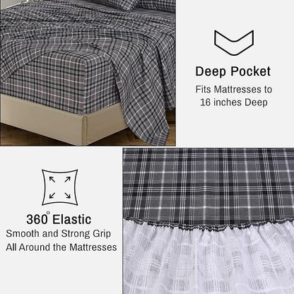 RUVANTI Flannel Sheets Split King Size - 100% Cotton Brushed Split King Bed Sheets Set, Deep Pockets 16 Inches, All Seasons Breathable & Extra Soft, Warm & Cozy, 5 Piece, Grey Plaid