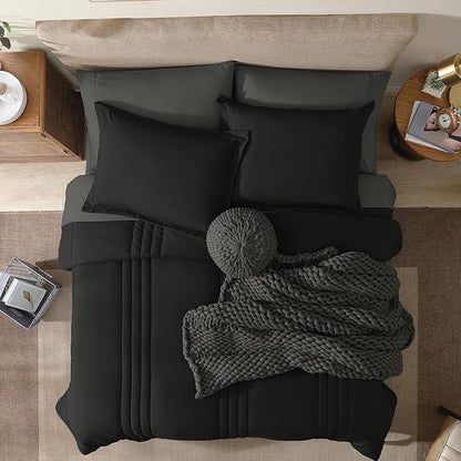 Monbix Full Comforter Set - 7 Pieces Black Bed in a Bag Full Size Bedding Sets with Comforters, All Seasons Down Alternative Comforter with Sheets,Pillowcases & Shams