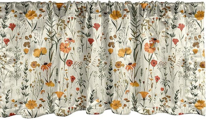 Ambesonne Fall Window Valance Pack of 2, Wild Flowers Illustration Print Vintage Autumnal Theme Farmhouse Vibe, Rod Pocket Curtain Valances for Kitchen Bedroom, 54" X 12", Mustard Orange Sage Green