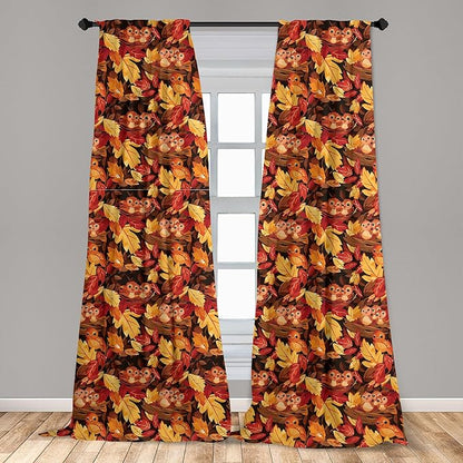Ambesonne Fall Curtains, Happy Autumnal Colors with Birds in Nests Cartoon Illustration Print, Window Treatments 2 Panel Set for Living Room Bedroom, Pair of - 28" x 95", Cinnamon Amber and Orange