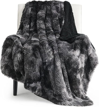 Bedsure GentleSoft Fuzzy Sherpa Faux Fur Twin Blanket Tie Dye Black Cozy Gifts for Boys Girls, Soft Fleece Plush Warm Thick Blanket Twin Size for Bed, Black Room Decor Dorm Essentials Gifts, 60x80