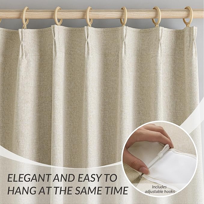 KangBang Full Blackout Pinch Pleat Linen Curtains 102 Inches Long, Pleated Linen Drapes for Living Room Dining with Hooks, Nursery Light Blocking Window Panels, 52Wx102L, Natural Beige,2 PCs