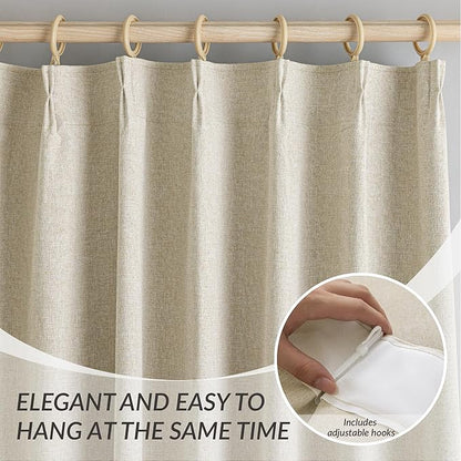 KangBang Full Blackout Pinch Pleat Linen Curtains 102 Inches Long, Pleated Linen Drapes for Living Room Dining with Hooks, Nursery Light Blocking Window Panels, 52Wx102L, Natural Beige,2 PCs