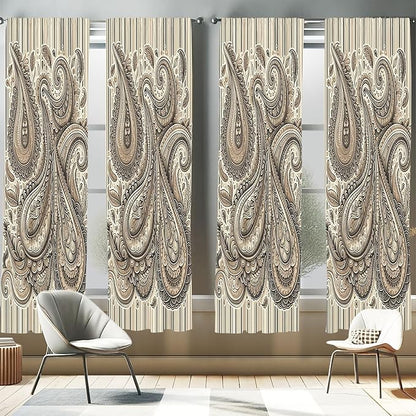 Ambesonne Paisley Window Curtains Pack of 2, Delicate Bohemian Leafy Motives on Stripes in Neutral Muted Colors, Lightweight Set with Rod Pocket, 4 Panels of - 28" x 84", Warm Taupe Ivory and Sepia