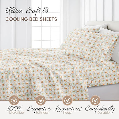 Linen Market Double-Brushed Patterned Microfiber California King Sheet Set 4 Piece – Oeko-TEX Certified Ultra Soft & Wrinkle-Free - 16" Deep Pocket Sheets Easy Care Cal-King Size - Aztec Dreams Coral