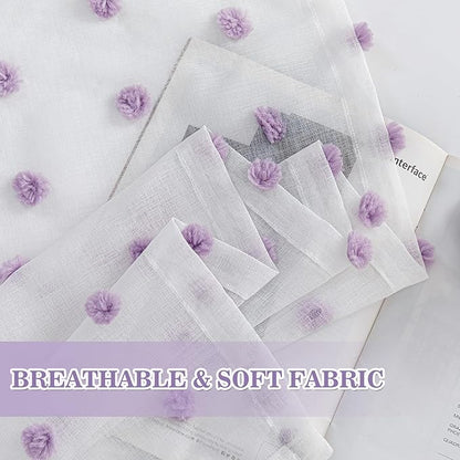 MYSKY HOME White Sheer Curtains for Bedroom 63 Inch Length Purple Pom Pom Short Curtains for Girls Room Kids Curtains Dining Room Rod Pocket Light Filtering Small Window Drapes 52 x 63 in 2 Pieces