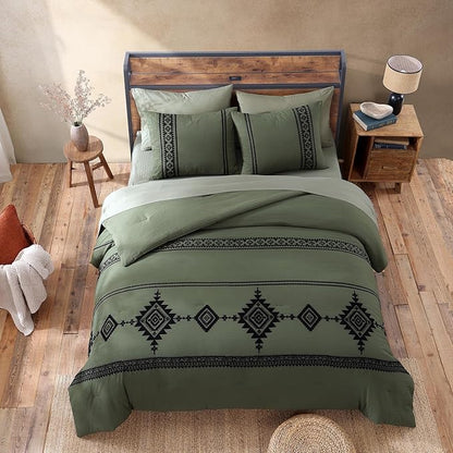 MaiRêve Embroidery Comforter Sets King Size Olive Green - 7 Pieces, Farmhouse Western Bedding Comforter Set, All Season Bed in A Bag King with Sheets, Comforters, Pillowcases & Shams