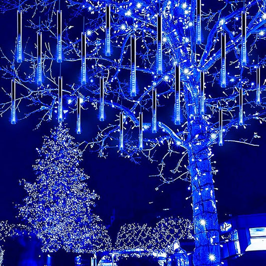 Kwaiffeo Blue Icicle Christmas Lights Outdoor, 16 Tubes(Equivalent to 2 Sets of 8-Tubes) LED Meteor Shower Lights for Xmas Halloween Decor Yard Lawn, Outdoor Lighted Christmas-Themed Ornaments