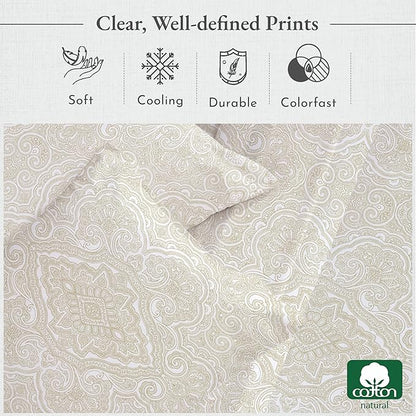 California Design Den Deep Pocket Twin Sheets Set - 400 Thread Count Sateen, Natural 100% Cotton Sheets, Cooling and Durable Bedding Set - Paisley Beige