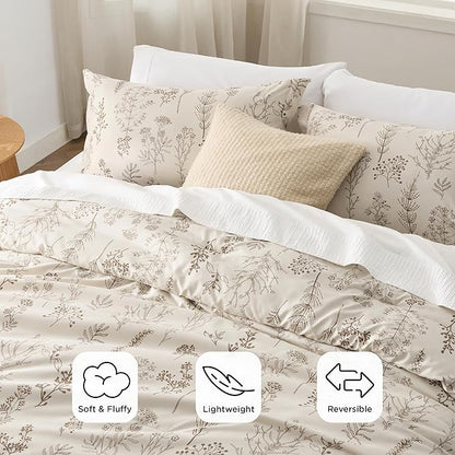 Bedsure Full Comforter Set - Beige Bed Set, 3 Pieces Cute Floral Bedding, 1 Soft Botanical Flowers Comforter and 2 Pillow Shams
