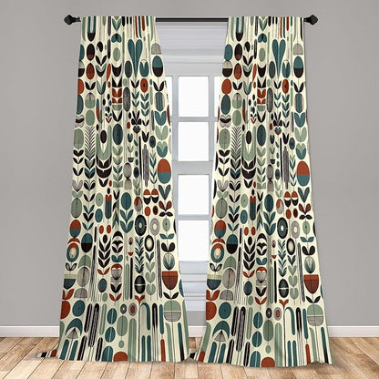 Ambesonne Leafy Art Curtains, Scandinavian Leaves Pattern with Geometric Roundy Modern Boho Print, Window Treatments 2 Panel Set for Living Room Bedroom, Pair of - 28" x 84", Pale Green Redwood Teal