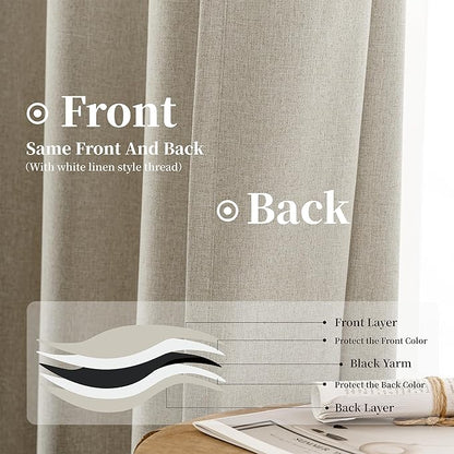 KangBang Extra Wide Black Out Linen Curtains for Sliding Glass Door, Blackout Patio Door Curtains Back Tab Hook Belt Rustic Drapery Panels, Room Darkening Window Drapes with Hooks for Track, 72x96