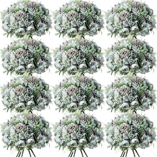 Tigeen 12 Bundles Peonies Artificial Flowers Faux Roses Silk Flowers Hydrangea Artificial Bouquet for Wedding Table Centerpiece Floral Vase Home Office Bridal Decor (Pastel Blue)