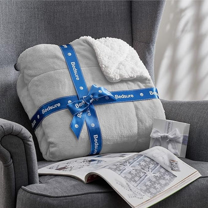 Bedsure GentleSoft Sherpa Fleece Blankets Queen Size for Bed - Thick and Warm Throw for Women and Men, Soft Fuzzy Plush Queen Blanket for Winter, Light Grey, 90x90 Inches