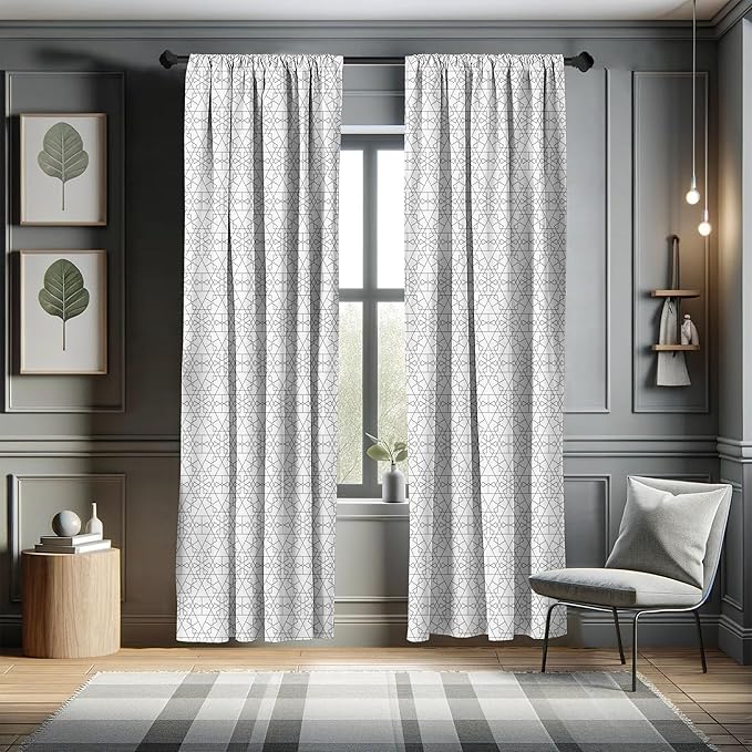 Ambesonne Geometric Window Curtains, Continuous Pattern with Abstract Concave Shapes and Triangles Print, Lightweight Decor 2-Panel Set with Rod Pocket, Pair of - 28" x 84", Charcoal Grey and White