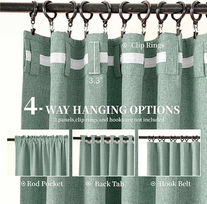 KangBang 100% Blackout Linen Curtains 72x108 Inches Long, Back Tab Pocket Pleated Room Darkening Curtains for Living Room Sliding Patio Door, Soft Thick Linen Textured Drapes, 2Pcs, Cameo Green