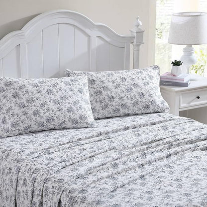 Laura Ashley - Flannel Sheets Twin Size, Anti-Pilling & Wrinkle Resistant Cotton, Touchably Soft for All-Season Comfort - Bed Sheets with Matching Pillowcase & Fitted Sheet (Faye Toile Black)