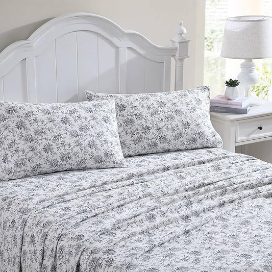 Laura Ashley - Flannel Sheets King Size, Anti-Pilling & Wrinkle Resistant Cotton, Touchably Soft for All-Season Comfort - Bed Sheets with Matching Pillowcases & Fitted Sheet (Faye Toile Black)