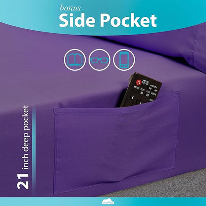 DREAMCARE Twin XL Sheet Sets – 3pcs Cooling Sheets – up to 21” Extra Deep Pocket Twin XL Sheets Set – Hotel Luxury Sheets & Pillowcases – Superior Softness 100% Fine Microfiber with Side Pocket Purple