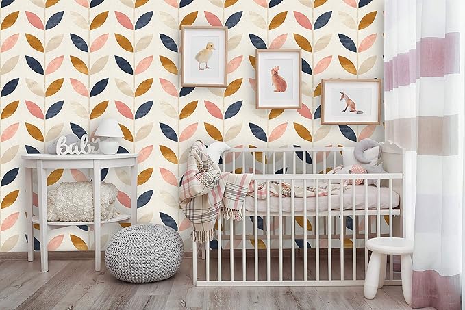 Removable Peel 'n Stick Wallpaper, Self-Adhesive Wall Mural, Rose Gold Blue Floral Pattern, Nursery Baby’s Room Decor • Scandinavian Design (24"W x 120"H Inches)