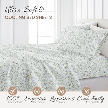Linen Market Double-Brushed Patterned Microfiber California King Sheet Set 4 Piece – Oeko-TEX Certified Ultra Soft & Wrinkle-Free - 16" Deep Pocket Sheets Easy Care Cal-King Size - Wildflower Blue