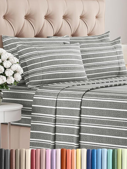Cal King 6 Piece Sheet Set - Comfy Breathable & Cooling - Soft Hotel Luxury Bedding Set w/ 8-16 Inch Deep Pockets - 1 Flat & 1 Fitted Sheet & 4 Pillowcases - Wrinkle Free & Easy Care - Grey Stripes 3