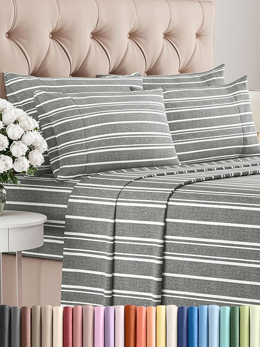 Cal King 6 Piece Sheet Set - Comfy Breathable & Cooling - Soft Hotel Luxury Bedding Set w/ 8-16 Inch Deep Pockets - 1 Flat & 1 Fitted Sheet & 4 Pillowcases - Wrinkle Free & Easy Care - Grey Stripes 3